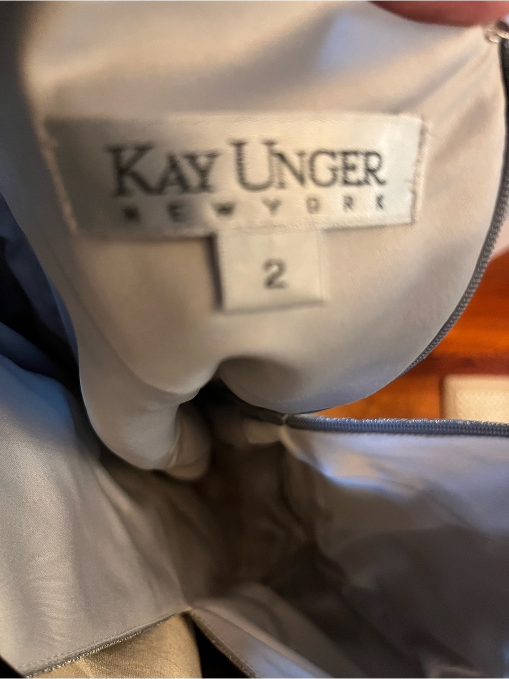 Kay Unger Silver Lace-Overlay Evening Gown - Picture 5 of 15